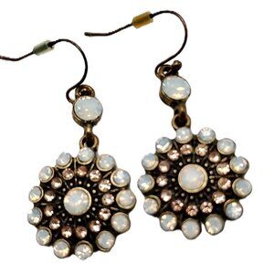 Vintage-Inspired Opalescent & Pink Crystal Halo Drop-Dangle Earrings Brass-tone